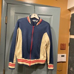 Topher jacket, vintage, circa 70s. Chest 45 in., L 24.5 inches- tan, blue, red.